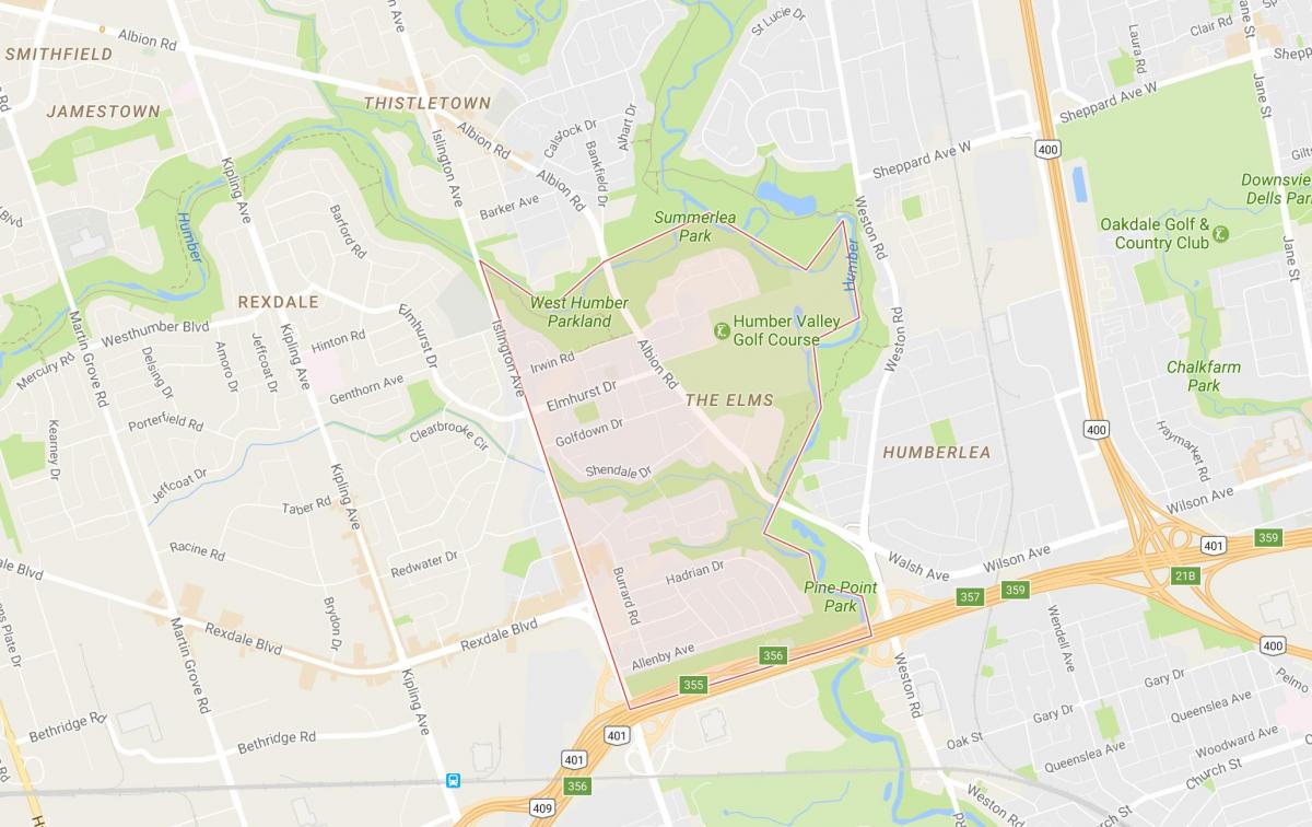 Карта околиць В'язами Торонто