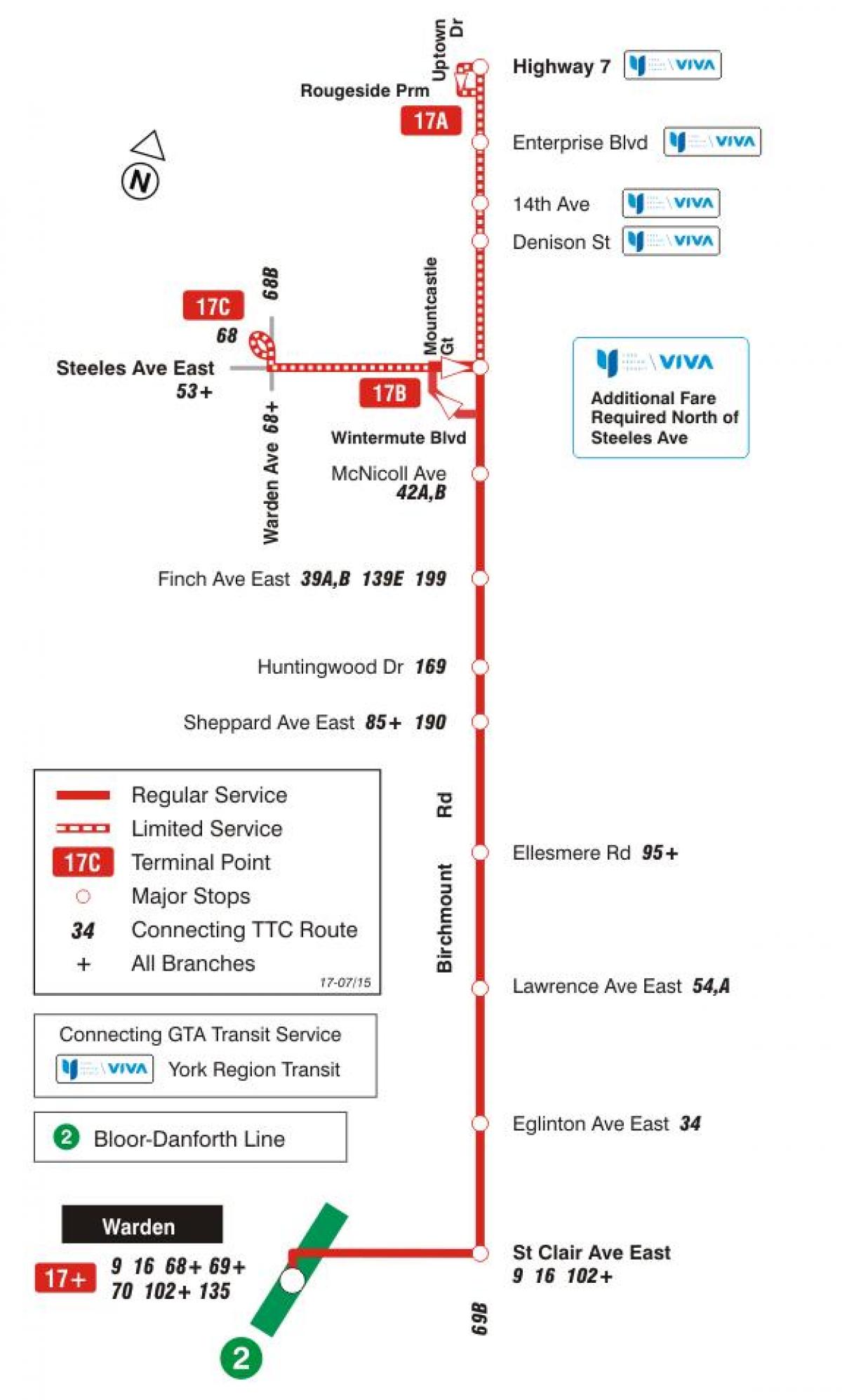 Карта ТТС 17 Birchmount автобусного маршруту Торонто