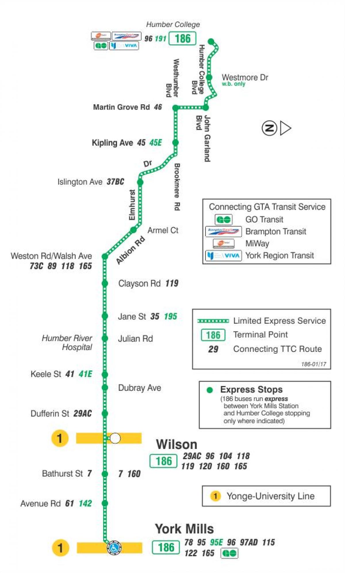 Карта ТТК 186 ракети Вілсон автобусного маршруту Торонто