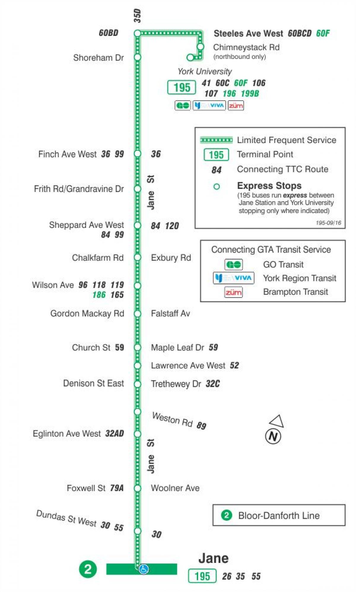 Карта ТТК 195 ракета Джейн автобусного маршруту Торонто