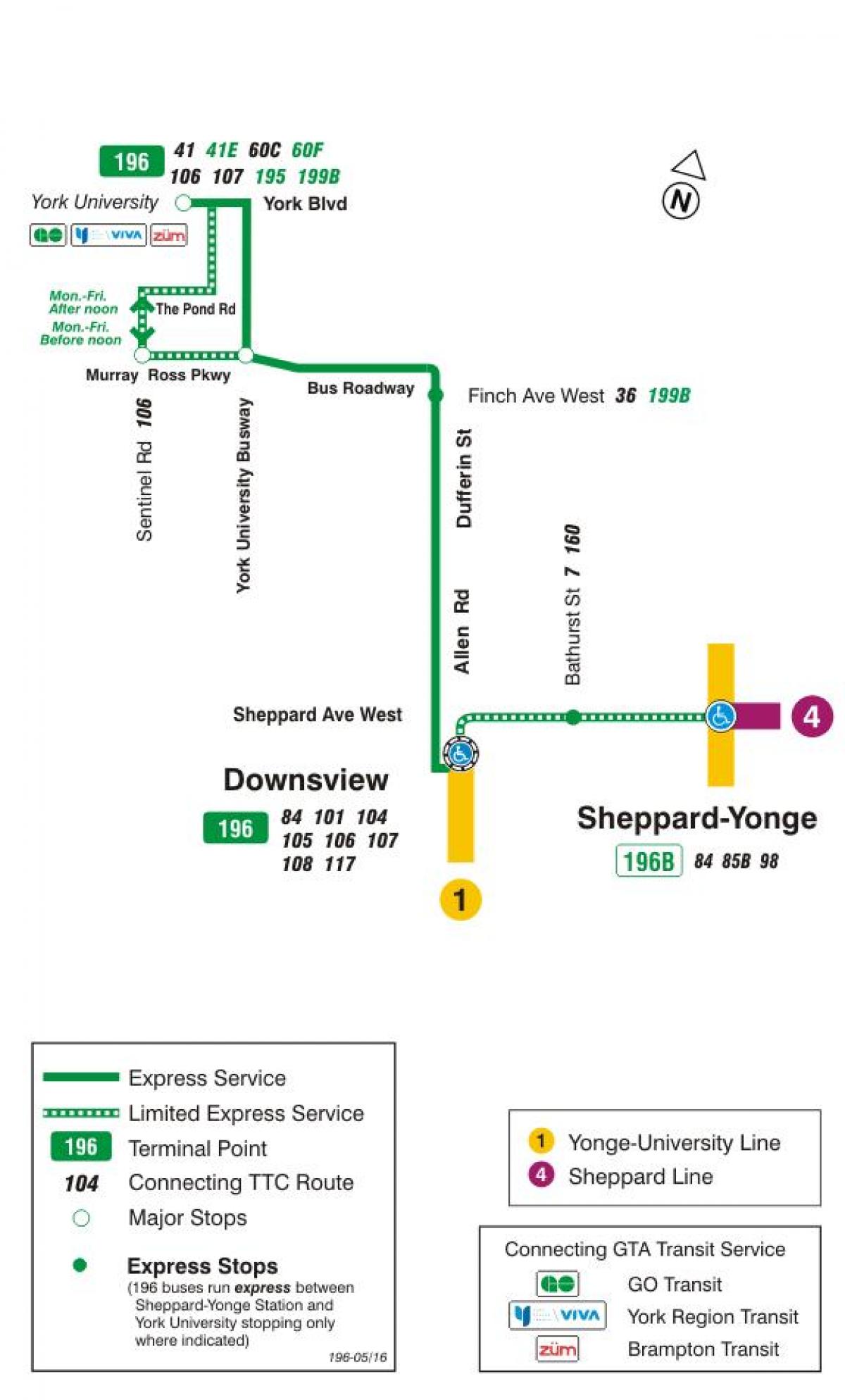 Карта ТТК 196-Йоркського університету ракетно автобусного маршруту Торонто