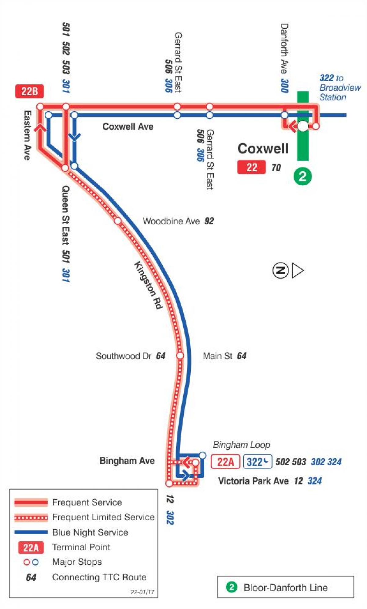 Карта ТТС 22 Коксуэлл автобусного маршруту Торонто