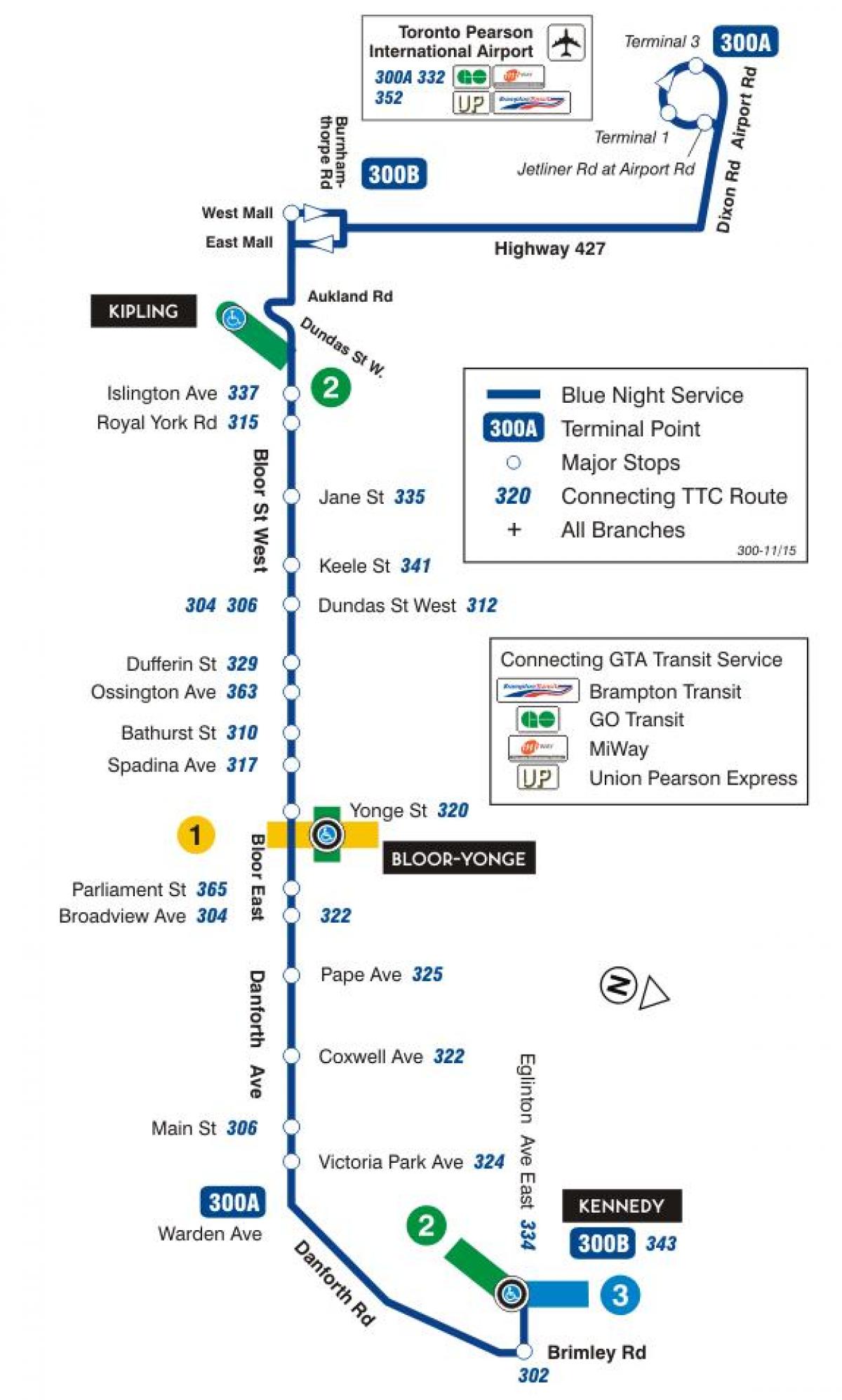 Карта ТТК 300А Блур-Данфорт автобусного маршруту Торонто