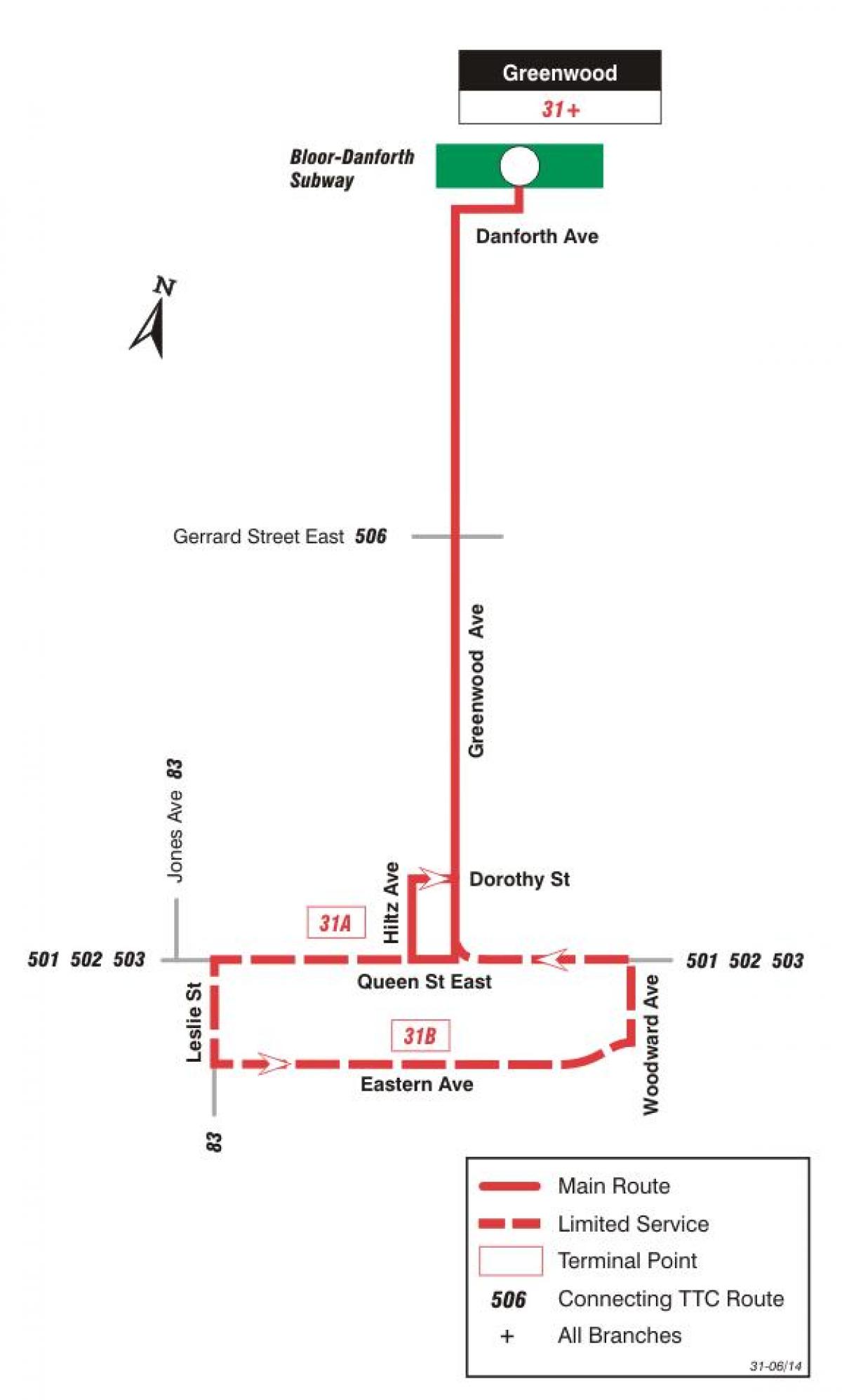 Карта ТТК 31 Грінвуд автобусного маршруту Торонто