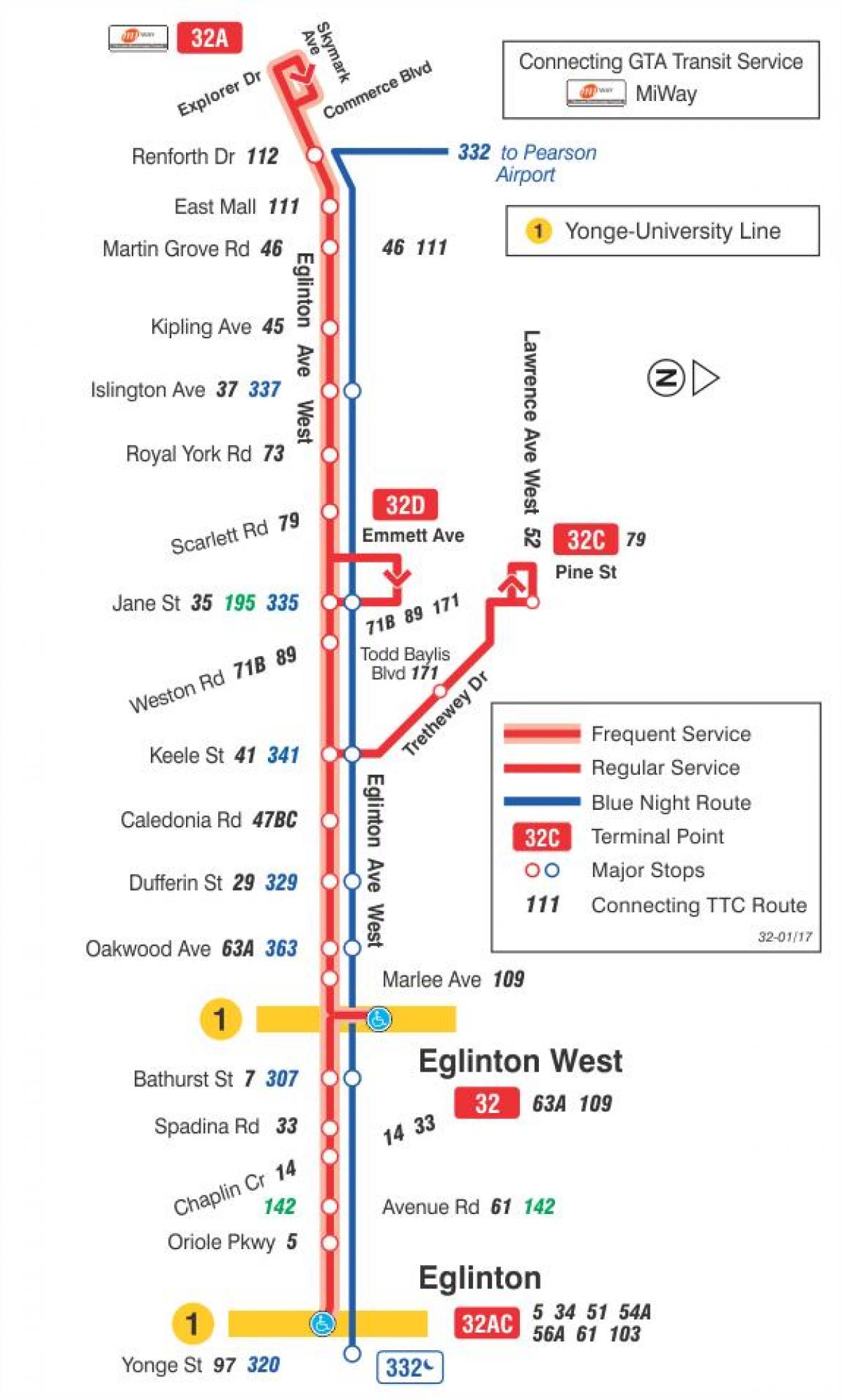 Карта ТТК 32 Эглинтон Уест автобусного маршруту Торонто