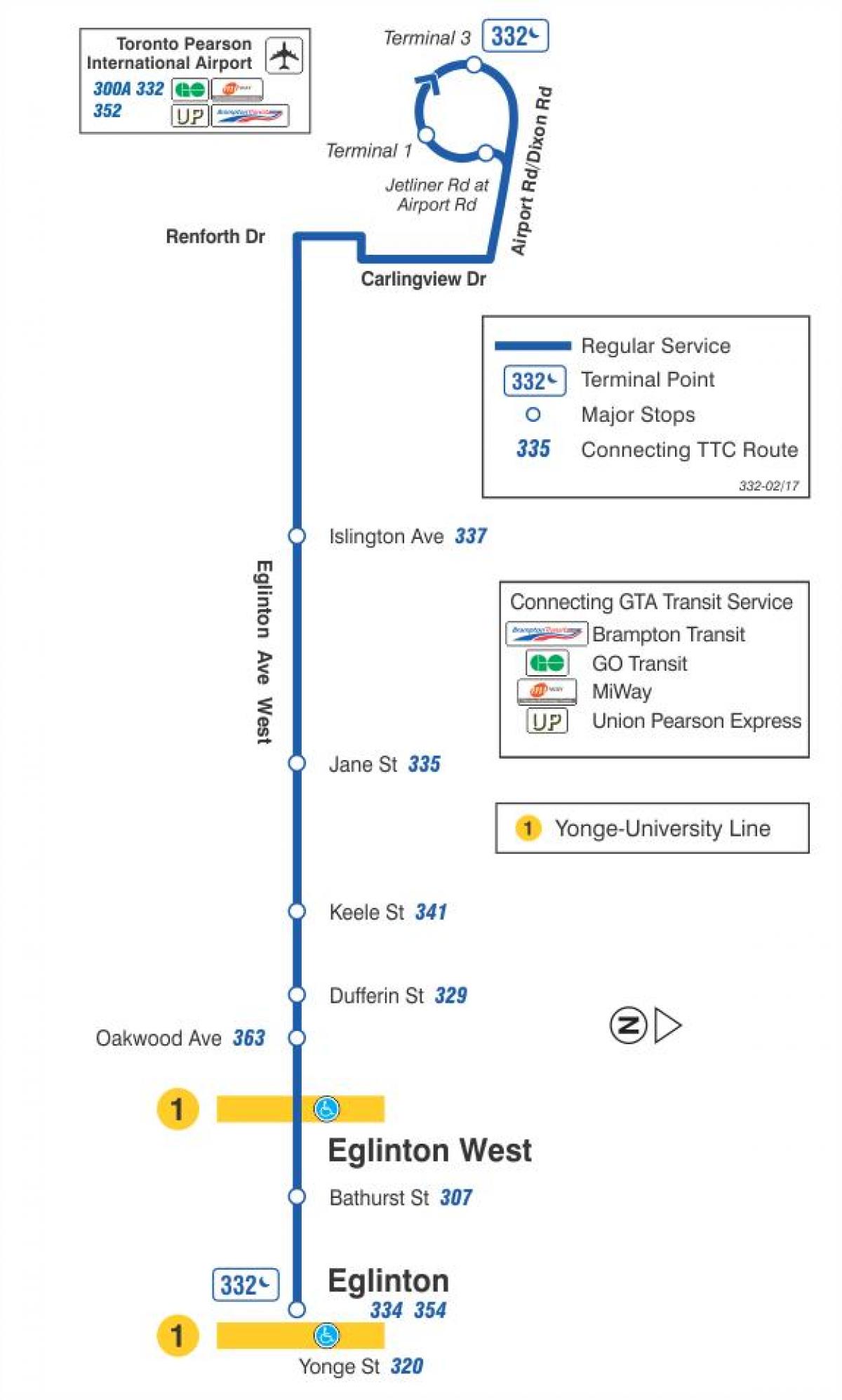 Карта ТТК 332 Эглинтон Уест автобусного маршруту Торонто
