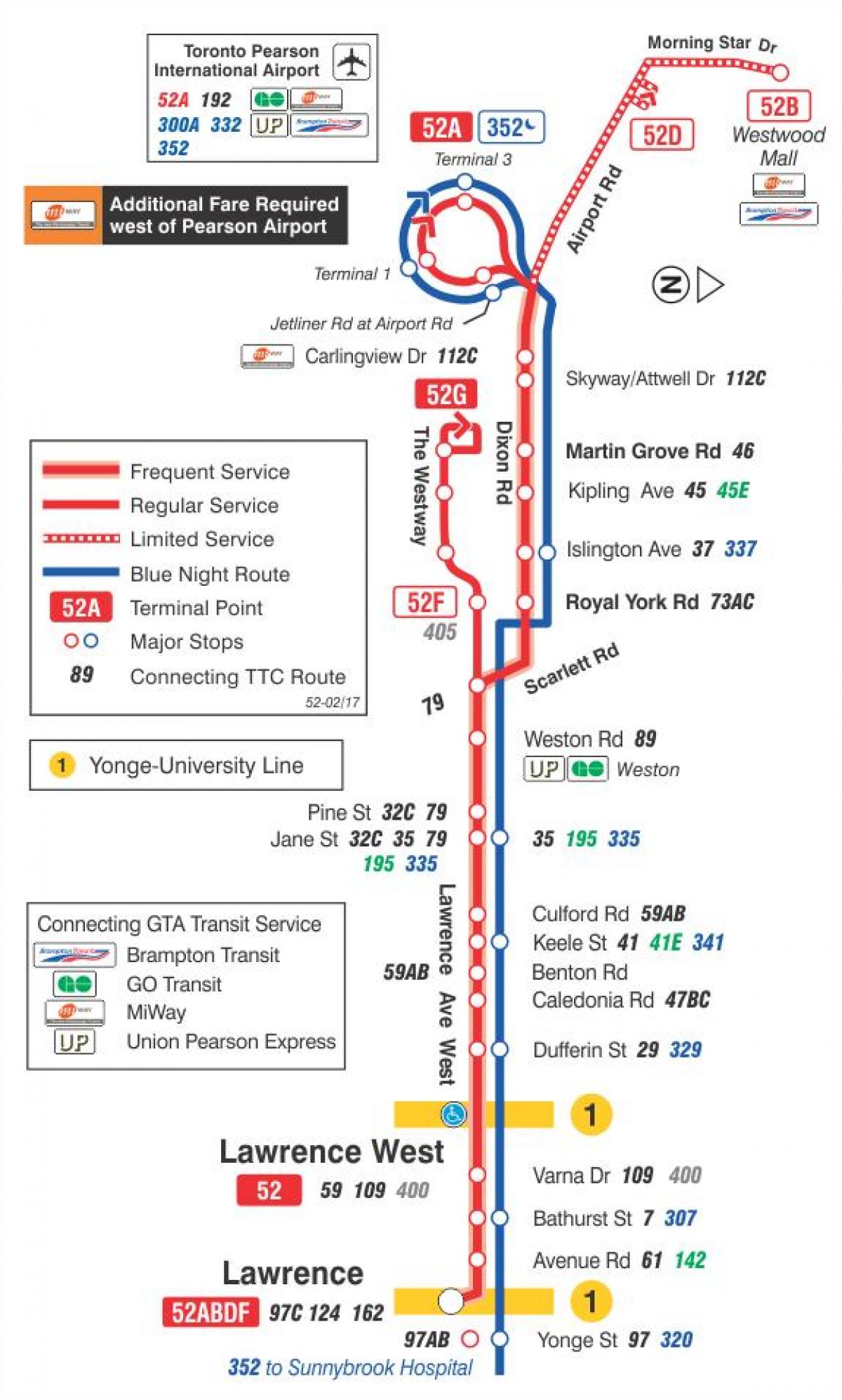 Карта ТТС 52 Лоренс Уест автобусного маршруту Торонто