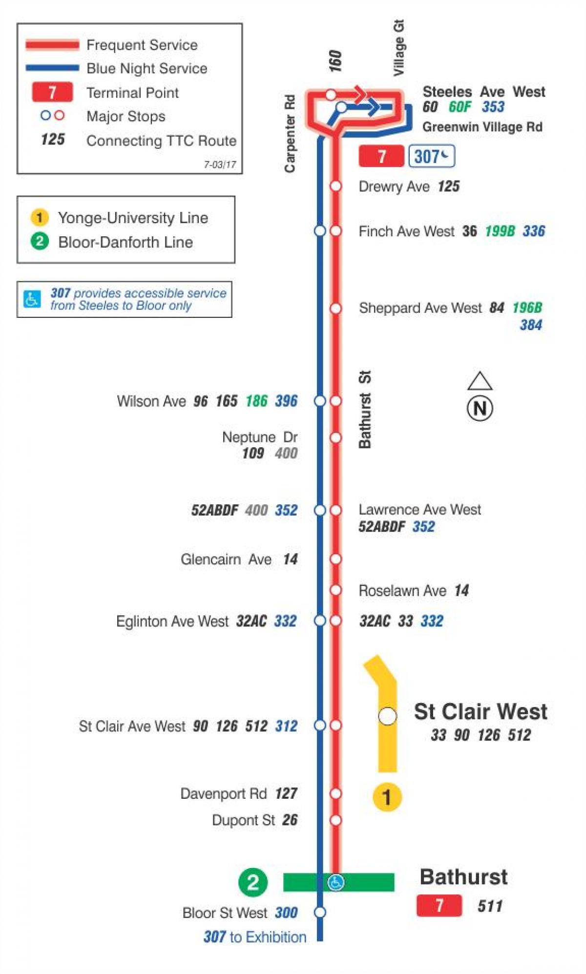 Карта ТТК 7 Батерст автобусного маршруту Торонто