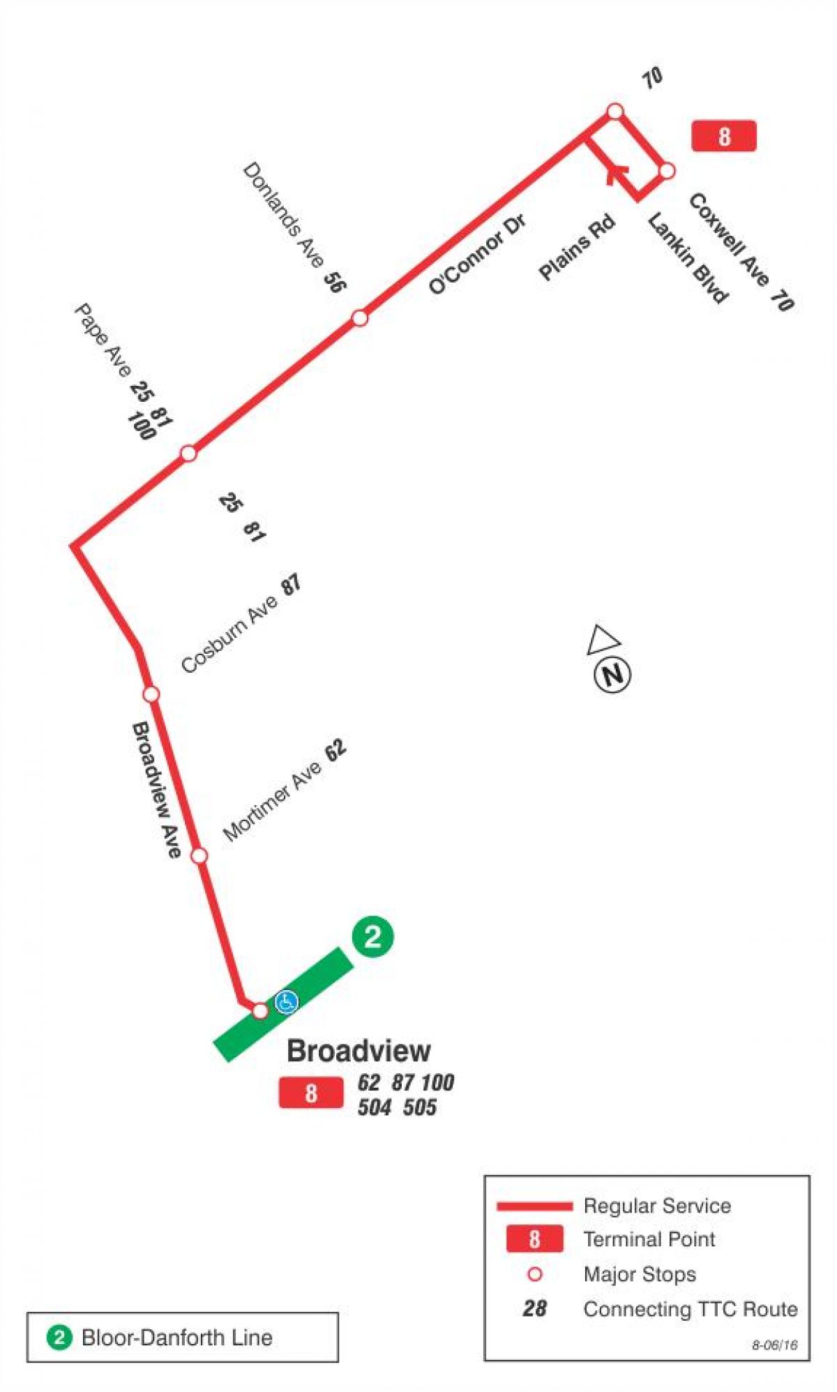 Карта ТТК 8 Бродвью автобусного маршруту Торонто