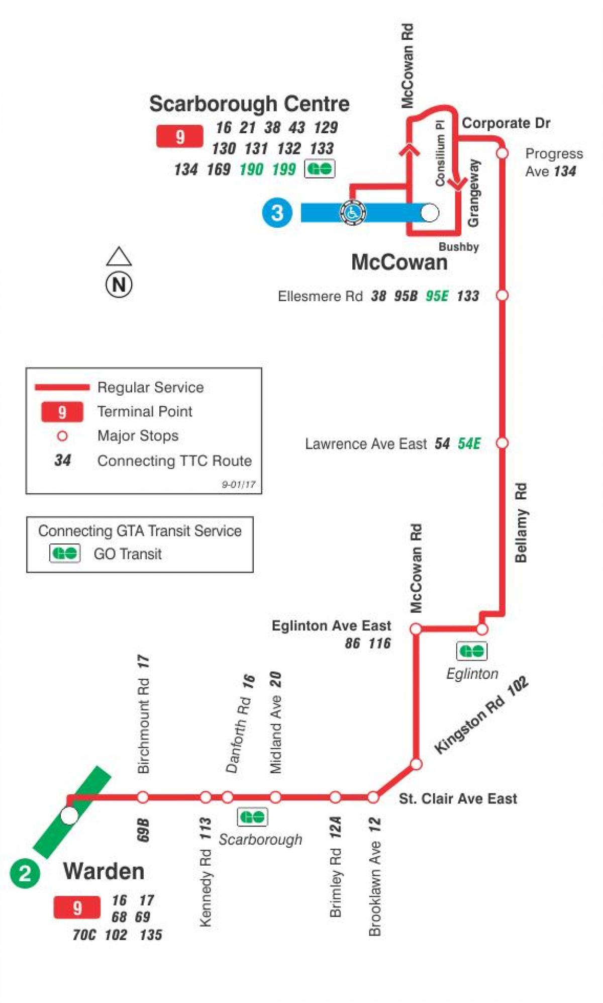 Карта ТТК 9 Белламі автобусного маршруту Торонто