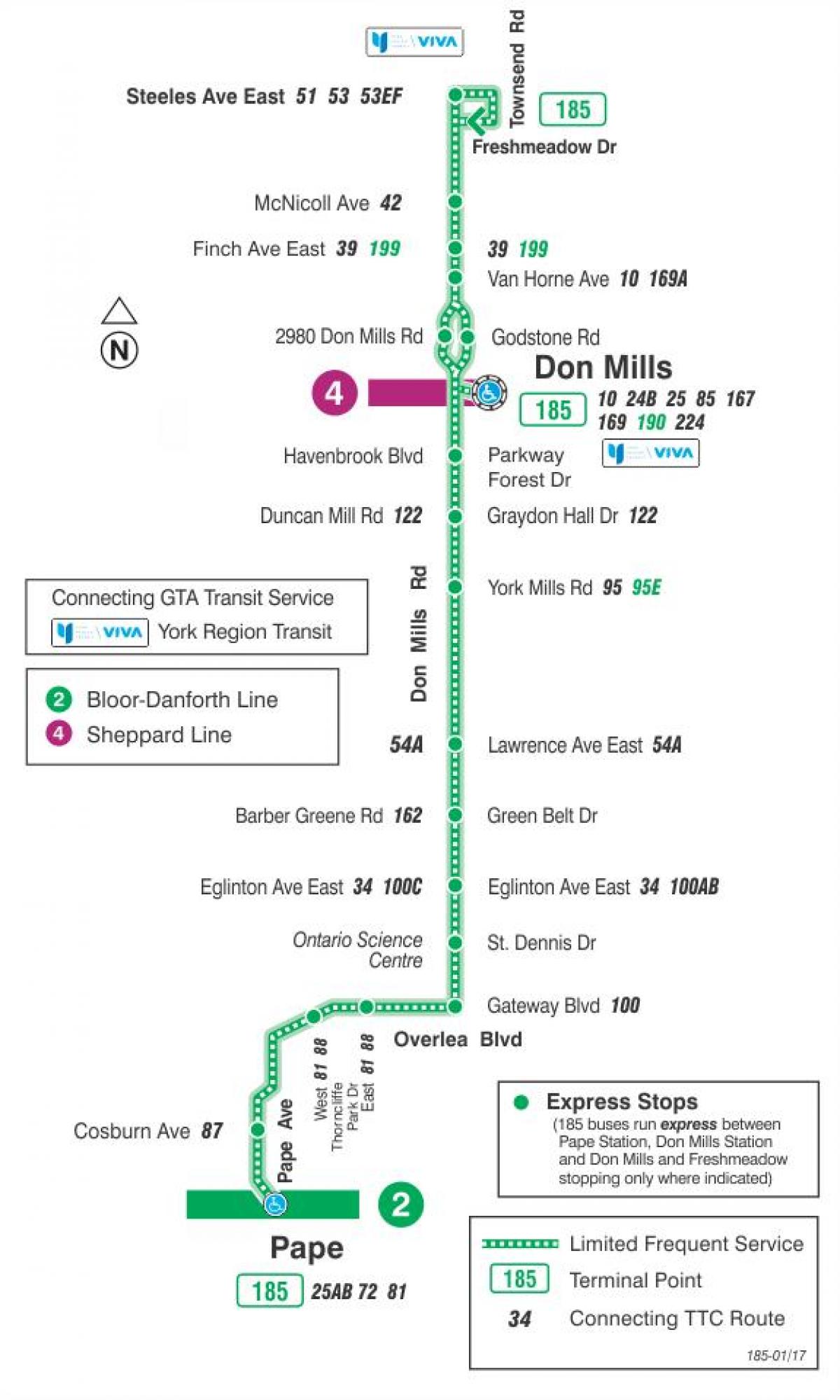 Карта ТТК 185 Дон Міллс ракети автобусного маршруту Торонто