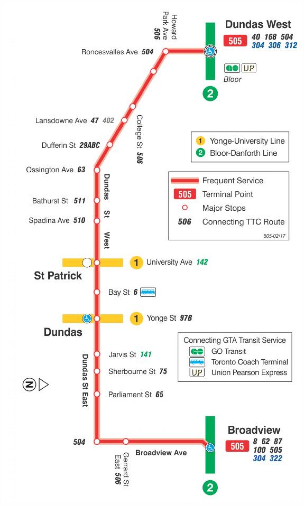 Карта трамвайну лінію 505 Дундас