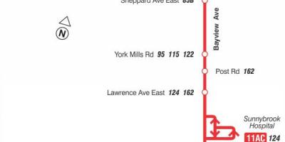 Карта ТТК 11 Бэйвью автобусного маршруту Торонто